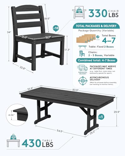 Image of SERWALL 9 Piece 84 inch HDPE Outdoor Dining Set for 8 with Armless Chairs and Umbrelle Hole, Black