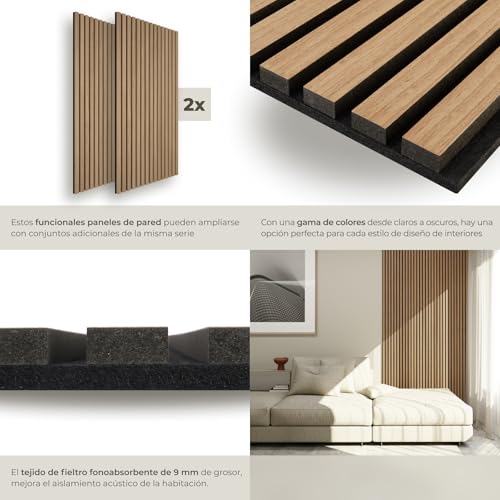 Miniatura 4 de Tectake Paneles Acusticos Decorativos Mdf, Chapa De Madera Real, Excelente Acústica, Tejido De Fieltro Y Madera, Insonorización Acústica Pared - 60 X 120 X 2,1 Cm 2 Paneles Roble