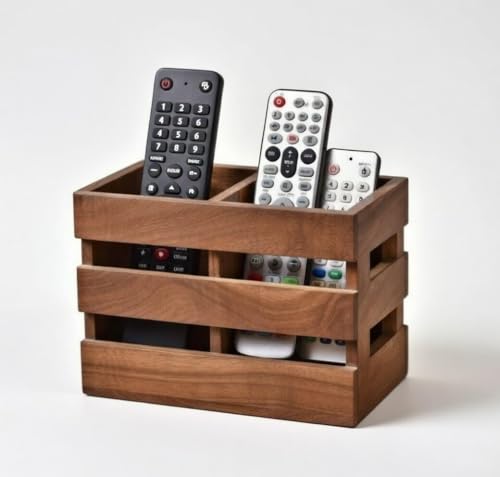 Image of Craft Mshopr Wooden Remote Control Holder, Brown Finish, 16.5 x 12.7 cm, Rectangular Multi-Compartment Organizer (Brown)