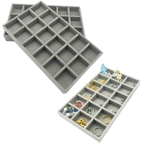 Kit com 2 Estojo Bandeja Organizador de Joias e Bijuterias em Veludo com 18 Espaços (Cinza)