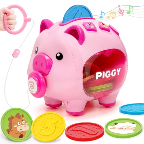Piggy Bank for Kids Toddler Toys for 1 Year Old Girl Musical Number Counting & Color Learning Coin Bank Baby 6-9-12-18 Months Interactive Toys Christmas Birthday Gifts for Kids Girls Boys Age 1-3