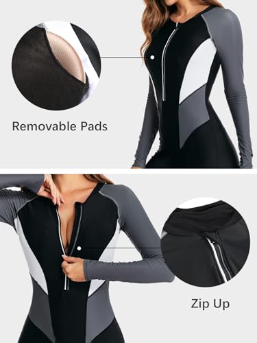 ECUPPER Women Long Sleeve One Piece Swimsuit Boyleg Zipper Rash Guard Bathing Suit Coverage Surfing Swimwear Built in Bra4