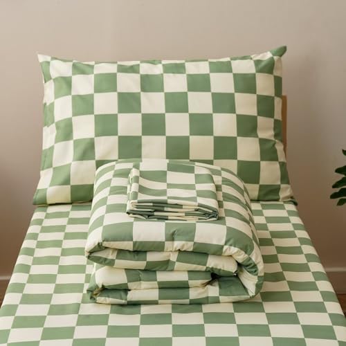 Image of CLOTHKNOW 4Pieces Plaid Toddler Bedding Sets for Boys Girls, Green White Grid Checkerboard Pattern, Soft Crib Bed Set Including Comforter, Flat Sheet, Fitted Sheet and Pillowcase