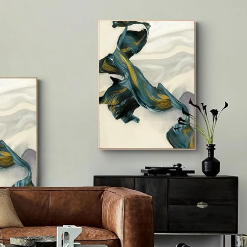 Peinture abstraite vert foncé et or JACBON, tableau mural moderne encadré 40x60cm