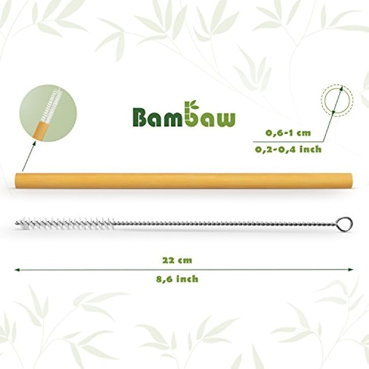 Bambaw Reusable Bamboo Straws - Eco Friendly with Straw Cleaner Brush & Pouch, Pack of 6 - 8.7''
