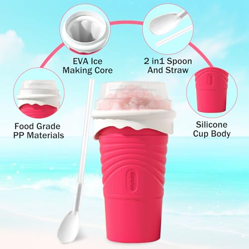 Herbst Slushy Maker Becher 500ml Silikon Squeeze Cup mit Strohhalmlöffel Slush Eis Becher DIY Ice Cup Slushy Maker Cup Smoothie Becher mit Reinigungsbürste (Rot) – Bild 4