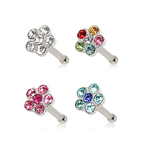 Inspiration Dezigns 18G 316L Surgical Steel Bone Nose Ring with Multi Gem Flower Top (Sold Individually)
