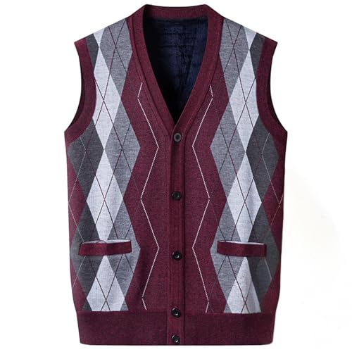 Cambkatl Argyle Sweater Vest for Men Button Down V Neck Sleeveless Cardigans Fleece Lined Winter Warm Knitted Waistcoat
