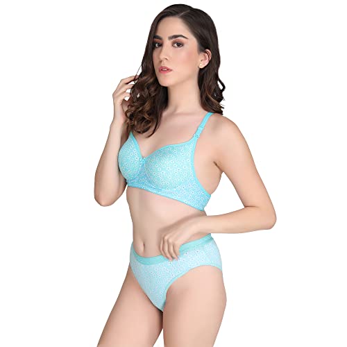 Image of Women Padded Printed Bra Panty - Made of Pure Cotton Full Coverage Non Wired Seamless Pushup Soft Cup for T-Shirt Saree Dress Sports Garment for Daily Use Everyday