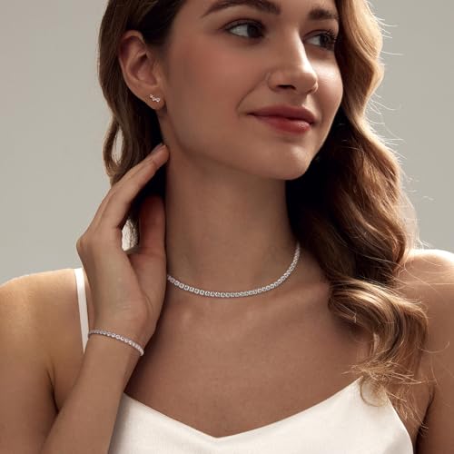 Tennis Necklace Bracelet for Women, Dainty Sterling Sliver Choker Necklace Crystal Link Bracelet Stud Earrings for Women Wedding Jewelry for Bride Jewelry Set Accessories3