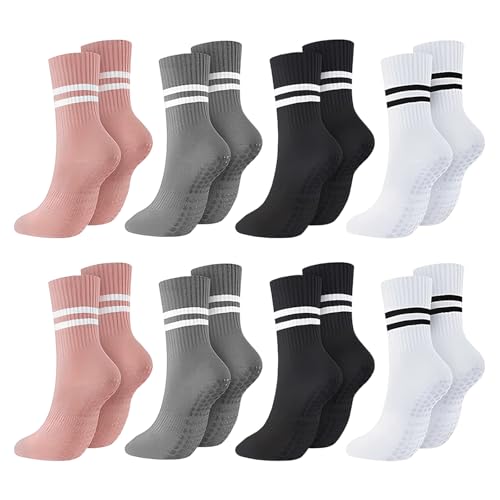 hommova 8 Pairs Pilates Grip Socks, Mid Calf Reformer Pilates Socks for Women Men, Non Slip Grippy Socks