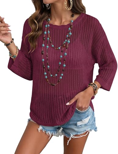 Image of Zeagoo Womens Summer Tops Crochet Sweaters Resort Wear 3 /4 Sleeve Hollow Out Knit Tops 2026 Beach Coverup