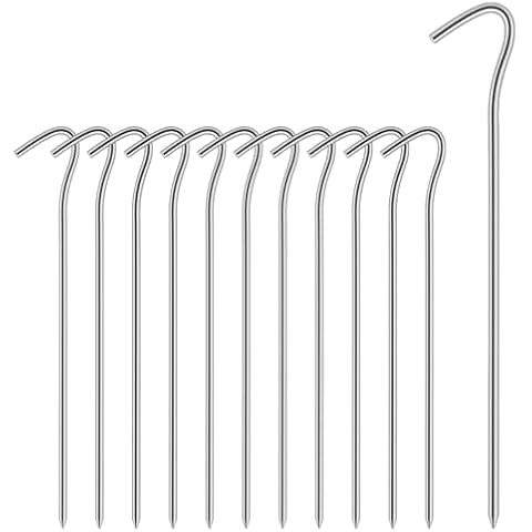 Anyongora Tent Stakes - 12 Pack Heavy Duty Ground Stakes Metal Tent Pegs with Hook - 7.1’’ Rust-Resistant Stakes for Camping, Tents, Canopies, Gardening, and Outdoor Use Cover