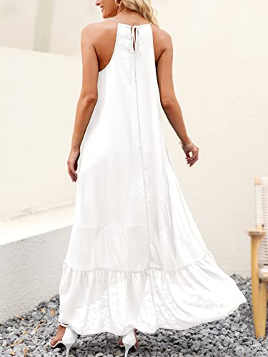 Anrabess Women's Casual Loose V Neck Backless Spaghetti Strap High Low Hem Ruffle Maxi Dress 450Mibai-S White #TOP4