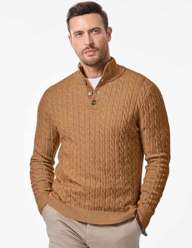 Image of JMIERR Men's Cable Knit Pullover Sweater Casual Long Sleeve Stand Collar Button Knitted Sweaters