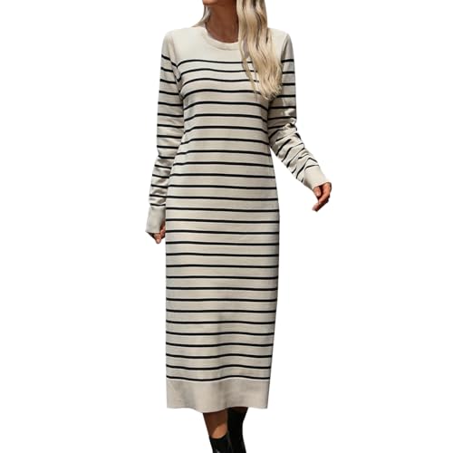 AGYMNX Strickkleid Damen Winter Langarm Kleid mit Gestreift Sexy Herbstkleid Partykleid Midikleid Knit Bodycon Dress Pulloverkleid Beige S