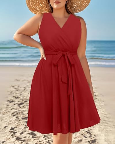 Image of Holipick Women's Plus Size Sleeveless V Neck Wrap Sundress Summer Casual Dress with Pockets