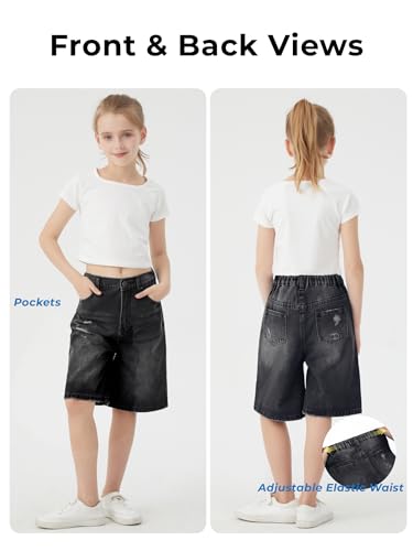 Image of Girls Shorts Elastic Waist Jorts Denim Jean Shorts Ripped Knee Length Bermuda Shorts for Kids Teen Girls Summer