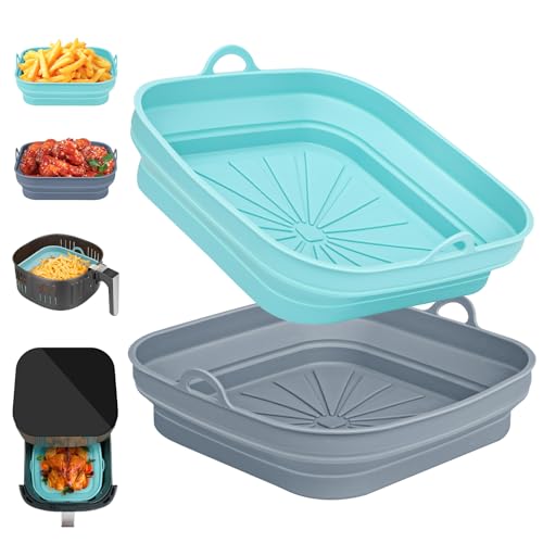 2 Pezzi Teglie per Friggitrice ad Aria, Teglia in Silicone per Air Fryer, Riutilizzabile Quadrato Accessori Friggitrice ad Aria per Airfryer, Microonde, Forno (Blu+Grigio)