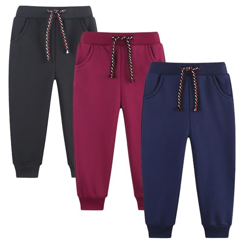 Funnymore Baby Boys Girls Fleece Joggers Sweatpants 3 Pack Fall Winter Pull On Jogger Pants Black/Navy/Burgundy 2t