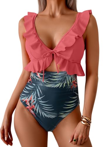 Image of Eomenie One Piece Swimsuit for Women Tummy Control Ruffle Bathing Suit V Neck Ruched Swim Suit Slimming Cutout Swimwear