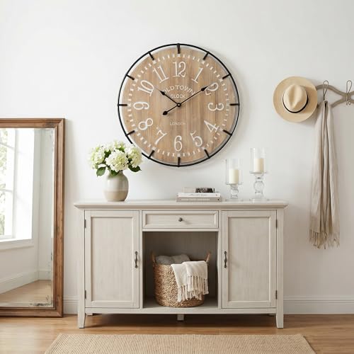 Image of EMAX HOME 24 Inch Large Farmhouse Wall Clock - Rustic Antique Wood, Silent Battery Operated Clock for Office Kitchen Bedroom Living Room