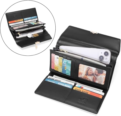 Image of aurrako Wallets for Women Leather Credit Card Holder RFID Trifold Ladies Wallets Coins Zipper Pocket with ID Window Large Capacity (Black)