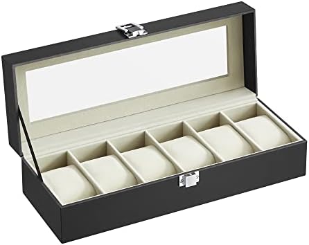 SONGMICS Watch Box with 6 Slots, Watch Case with Glass Lid, Velvet Watch Pillows, Watch Holder with Clasp, 11.2 x 30 x 8 cm, Gift Idea, Black Synthetic Leather, Greenish Grey Lining JWB06BE