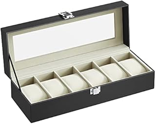 SONGMICS Watch Box with 6 Slots, Watch Case with Glass Lid, Velvet Watch Pillows, Watch Holder with Clasp, 11.2 x 30 x 8 cm, Gift Idea, Black Synthetic Leather, Greenish Grey Lining JWB06BE