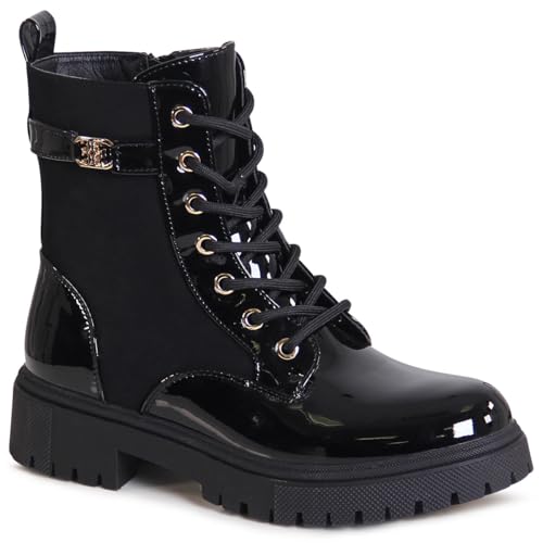 topschuhe24 3119 Damen Lack Stiefeletten Worker Biker Boots, Farbe:Schwarz, Größe:39 EU