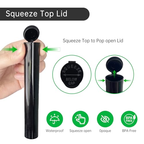 Image of Plastic Pop Top Tubes | 116mm | 50 Pack | Black Child-Resistant Packaging | Travel Holder Vial Containers | Easy Open by Squeezing Sides (Q1411)