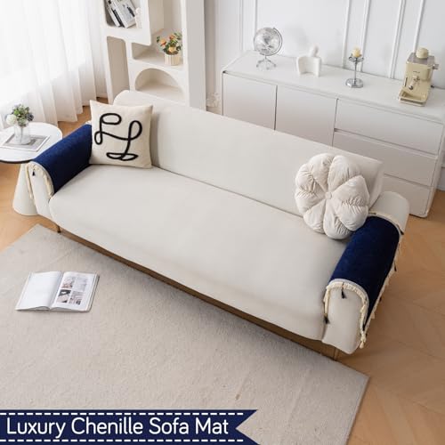 Image of HOKIPO 'Serenity Tassel' Chenille Sofa Arm Cover with Tassels - 1 Pair | Sapphire Navy (IN-893-NBL*2)