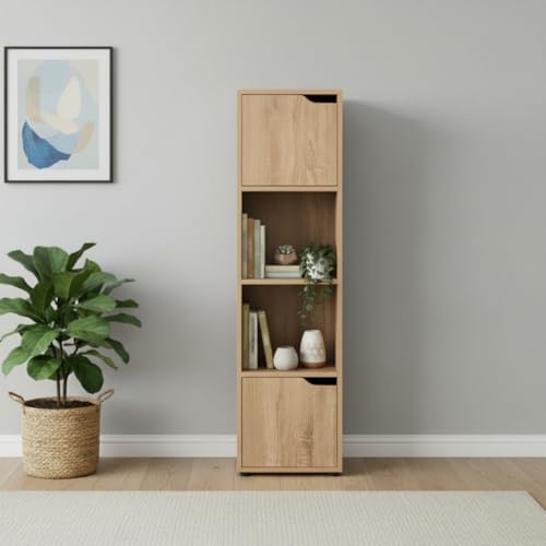 INDE MOBLEKIT | Étagère cubique à 4 Compartiments et 2 Portes, 30 x 29 x 120 cm, en chêne, Meuble d'appoint de Cuisine ou bibliothèque étroite pour...
