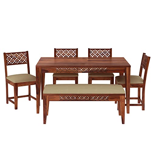 Image of Sheesham Wood 6 Seater Dining Table Set for Home Hall || Solid Wood CNC Dining Table with 4 Cushion Chairs and Bench for Hotels || Dining Room Sets - Honey Teak Finish