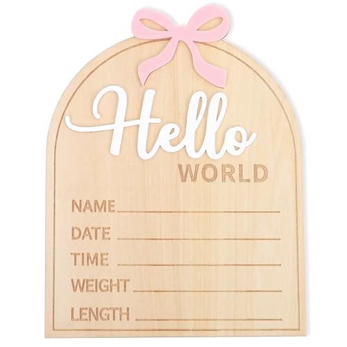 Wooden Hello World Baby Birth Announcement Sign Coquette Edition