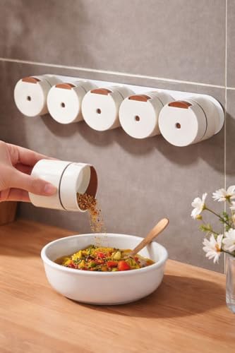 Image of Wall-Mounted Magnetic Spice Rack, 6 Rotating Containers, White, ABS Material, Minimalist Modern Style, Space-Saving Kitchen Organizer (6)