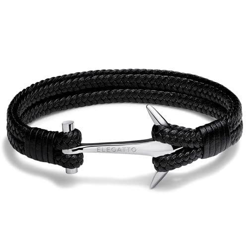 Elegatto Anchor Leather Duo Premium Double Braided Leather Bracel...