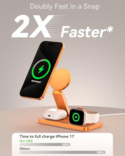 Image of UEQ Foldable 3 in 1 Wireless Charging Station for Apple Mag Safe Charger Stand,Fast Magnetic Wireless Charger Station for iPhone 17 Air 16 15 14 13 12 Series,Airpods Pro,Apple Watch Ultra (Orange)