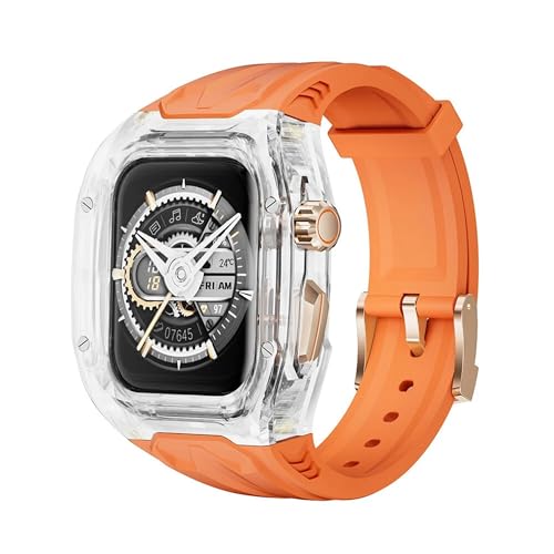 Image of AUGEN Luxury Transparent Apple Watch Modification Kit Compatible with Series 9 /8 /7 (45mm) & SE2 /6 /SE /5 /4 (44mm) | Premium Fluororubber Strap Band with Transparent Protective Case for Men & Women (Upgrade Mod Kit) (Orange 2)