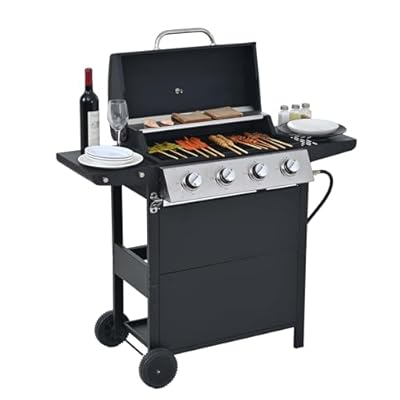 4 Burners BBQ Propane Gas Grill, 34,200 BTU Output Stainless Steel Grill with Two Side Table and Thermometer, 2 Casters&Cover Lid, for Barbecue Outdoor Patio Garden Picnic Backyard BBQ Camping, Black
