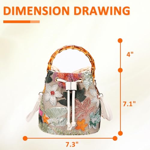 Image of Crossbody Bags for Women, Beach Bag, Hand Embroidered Tot Bag, Natural Bamboo carry handle Bucket bag, Bohemian Handbags for Women Vacation Travel Daily Matching(Silver Flowers)