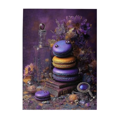 MA6GE8DE 500 Pieces Adult Wooden Jigsaw Puzzle, Purples Macarons Stacked On Antique Books, Mysterious Still Life Oil Painting,Great for Relaxation and Display for Puzzle Lovers