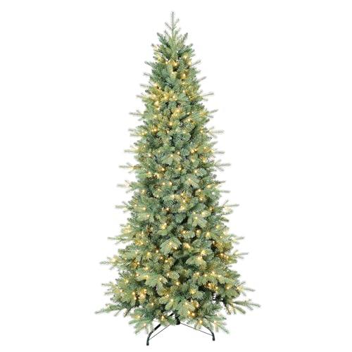 7 FT Prelit Artificial Skinny Christmas Tree,Blue Spruce Slim Pencil Xmas Tree with 1552 PE&PVC...