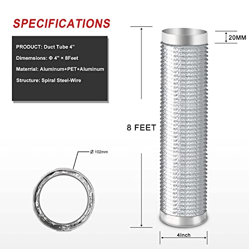 Cuchiilo 4 Inch Dryer Vent Hose 4 Inch Dryer Duct Flexible Air Ducting Aluminum Foil (4In 8Ft) Non-Insulated With Gloves,Tape And 2 Clamps,Silver #TOP4