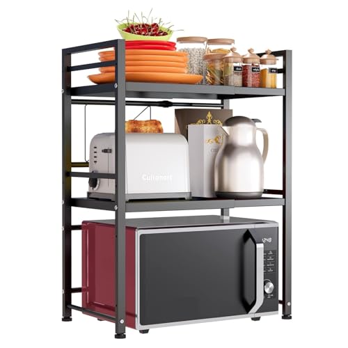 Image of HOME CUBE 2 Tier Microwave Oven Stand For Kitchen Expandable Microwave Oven Rack Otg Stand Kitchen Storage Shelf Spice Rack Toaster Grill Organizer Baker's Rack with 6 Hook (60x34.5x76 cm)