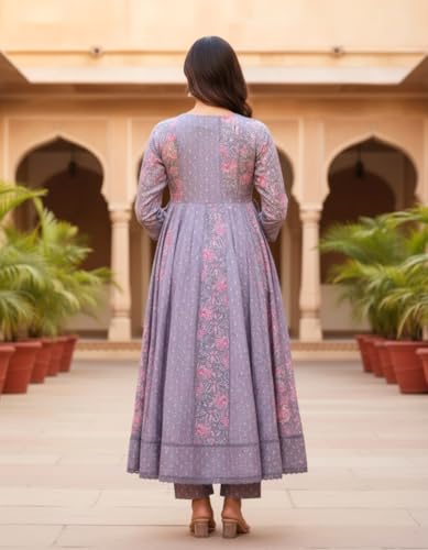 Image of Pure Cotton Anarkali Kurta Set for Women with Dupatta | 3 Piece Cotton Anarkali Suit | Floral Aari Work | Flared Ethnic Wear