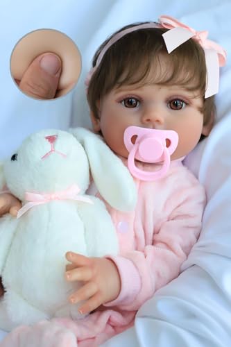 SCOM Realistic Reborn Baby Dolls - 18 Inch Real Life Doll Girl Silicone Doll with Anatomically Correct Body Lifelike Newborn Weighted Toddler Doll with Accessories & Rabbit Toys for Ages 3+ Gift