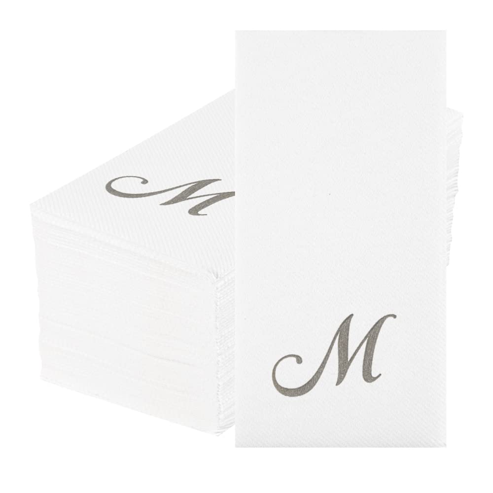 Luxenap - Servilleta rectangular de papel blanco con letra M plateada, puesta al aire, fuente cursiva, 15 3/4 x 8 pulgadas, caja de 50 unidades