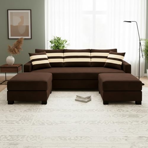 Image of Kassian 5 Seater L Shape Sofa Set with 2 Movable Ottomans | Flexible Layout | Rich Velvet Suede Fabric | Silver Legs | Modern Sofa for Living Room (Dark Brown)