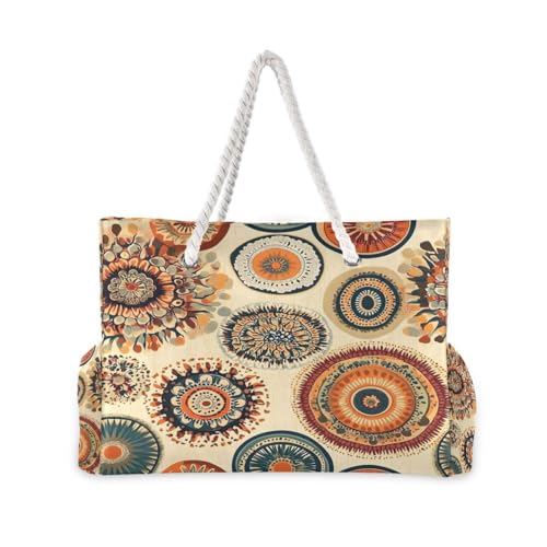 Large Beach Bags Totes Canvas Tote Shoulder Bag Circle Aztek Geometry Water Resistant Bags for Gym Travel Daily2